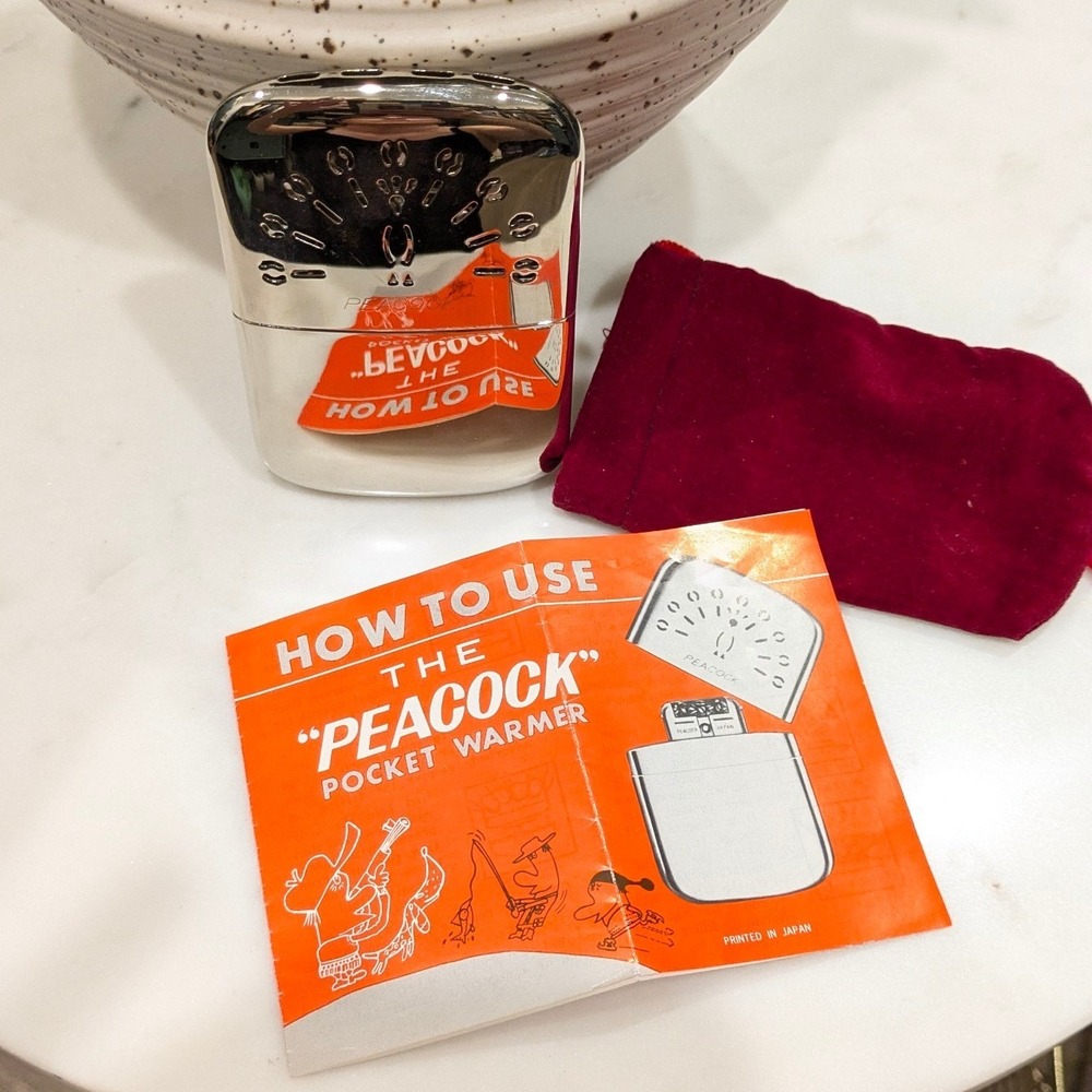 VTG Peacock Pocket Warmer Hand Heater Silver Vintage Japan Unused Brass Nickel